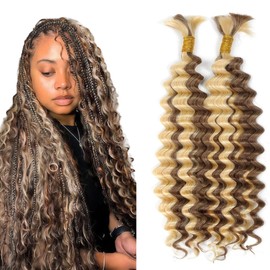 Tuheerst P4/613 Highlight Brown Boho Braids Human Hair Extension Blonde No Weft Deep Wave 50g/Bundle Total 100g Unprocessed Human Braiding Hair For Women 12 12 Inch
