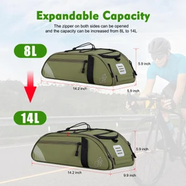 YEEGO DIRECT Bike Rack Bag, 8L To 14L Expandable Capacity Bike Bags for Bicycles Rear Rack,Waterproof Bike Trunk Panniers Reflective Design, Crossbody Shoulder Bag for Commuting Outings(Green)