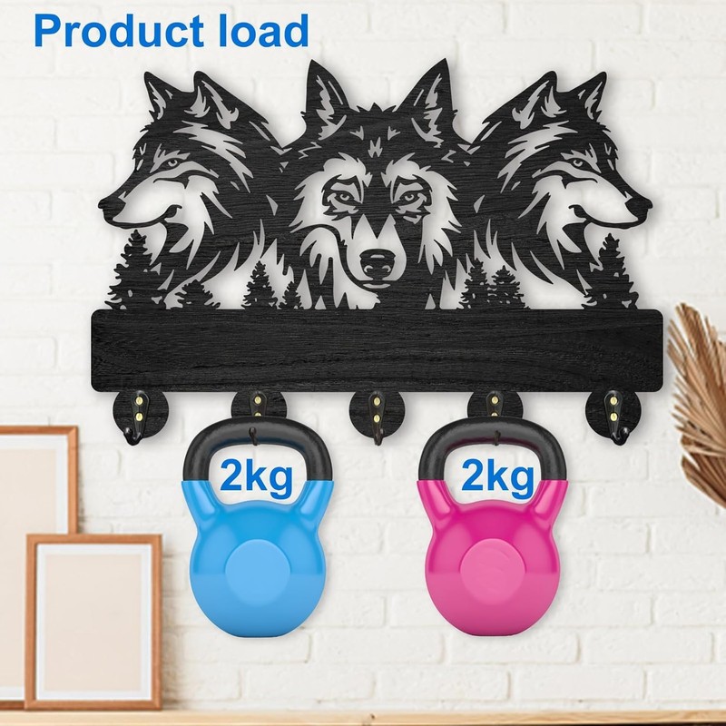 AIENAI Wolf Design Wall Mount Key Holder, 5 Metal Hooks,