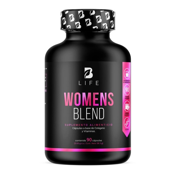 Vitaminas para Mujer, Multivitamínico de 90 cápsulas. Ingredientes naturales: Colágeno Hidrolizado, Biotina, Ácido Fólico y Vitaminas. Womens Blend B Life.