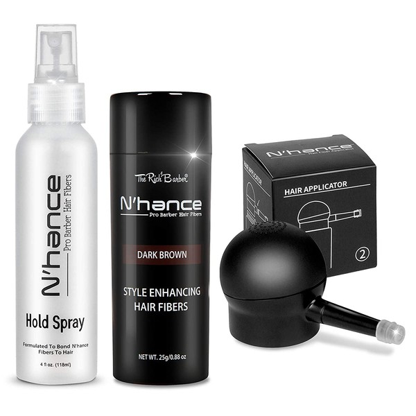 The Rich Barber N’Hance Hair Fibers, Hold Spray & Applicator Set | Natural Concealing Hair Thickening Fibers | All Day Wear For Sharper Hairlines, Thicker Beard, Professional Styling (Dark Brown)