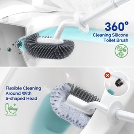 Toilet Bowl Brush Holder Set: Deep Cleaning Silicone Toilet Scrubber Under Rim Curved Bristle Compact Brush for Bathroom Small Space - Modern Rv Toilet Decorative Accessories 2 Pack- White