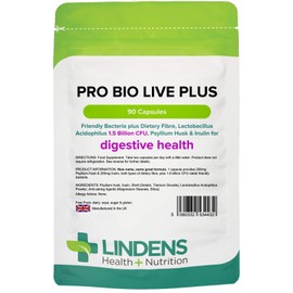 Lindens Pro Bio Live Plus (+Dietary Fibre) Capsules - 90 Pack - Massive 1.5 Billion Cfu Strength and Fortified with 2 Types of Dietary Fibre & Friendly Bacteria That Aids Digestion - UK Manufacturer, Letterbox Friendly