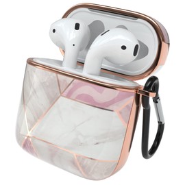 EAZY CASE - Protective Case for AirPods 1 & 2 Case Pink Hard Case Shockproof with Carabiner Suitable as Keychain Anti-scratch Case Non-Slip Hard Case for Airpod 2nd / 1st Generation Rose Marble Design