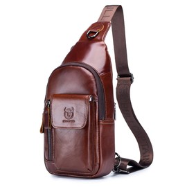 KPYWZER Leather Sling Bag Hiking Daypack for Men Women Outdoor Travel Camping Fishing Crossbody Shoulder Chest Pack Backpack Daypack Brown