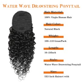Yacurcur Water Wave Drawstring Ponytail Brazilian Remy Human Hair Ponytail Extensions for Black Women Ponytail Extension Human Hair Pieces Natural Black 18 Inch