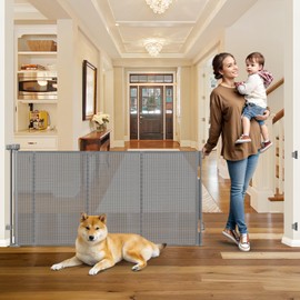 Reinforced 100” Extra Wide Baby Gate for Doorway, 33” Tall Retractable Dog Gate with Reinforced Strips, 8.33 Ft Wide Baby Gates for Large Openings, Anti-Scratch Retractable Pet Gates for Dogs, Gray