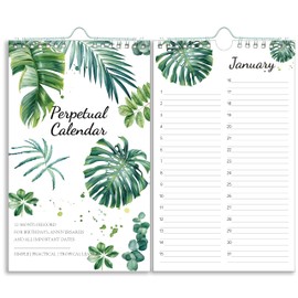 Perpetual Calendar – Undated Calendar 12-Month for Birthday, Anniversaries, Important Days, Festivals Reminder, 6’’ x 10’’ with 2 Lines Per Days, Twin-wire Binding, Thicker Paper, Tropical Green Leaf