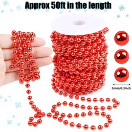 CCINEE 50ft Christmas Tree Beads Garland,Artificial Pearls Beads Garland Trim Garland Roll for Christmas Tree Wedding DIY Holiday Decoration Supplies,Red