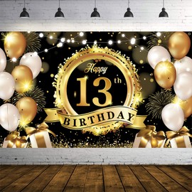 Happy 13th Birthday Decoration Backdrop Banner Black Gold Extra Large Fabric Birthday Sign Poster Photography Background 13 Year Birthday Party Decorations Supplies Indoor Outdoor, 72.8 x 43.3 Inch