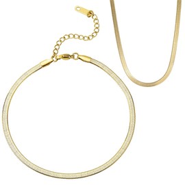Gold-Plated Women's Snake Chain Necklace, Stainless Steel Flat Snake Chain, Herringbone Chain Choker