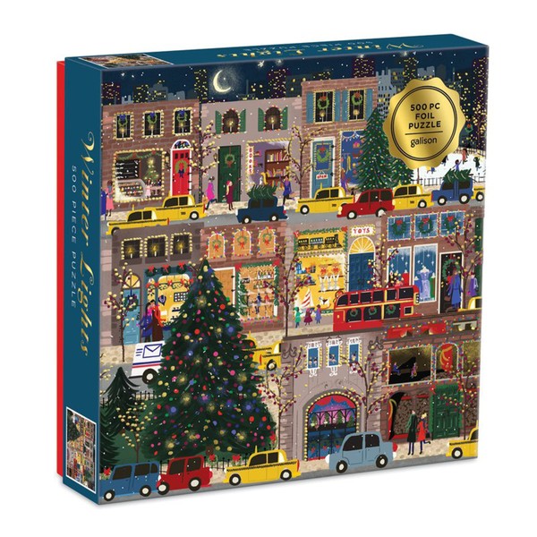 Galison Winter Lights Foil Puzzle 500 Pieces – Holiday Jigsaw Puzzle Featuring Festive City Scene by Joy Laforme – Thick, Sturdy Pieces Challenging Family Activity Great Gift Idea