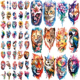 77 Sheets Half Arm Wolf Lion Tiger Cat Owl Parrot Flower Fake Tattoos Realistic Half Sleeve Body Temporary Tattoo Adult Men Women Kids Stickers