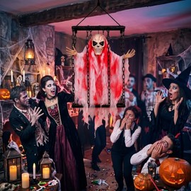 Decoración de Esqueletos con Control de Sonido de Halloween,Ojos Rojos Brillantes,jaulas de Esqueletos con Sonido Horrible,Accesorios de espeluznantes Interiores y Exteriores (Blood)
