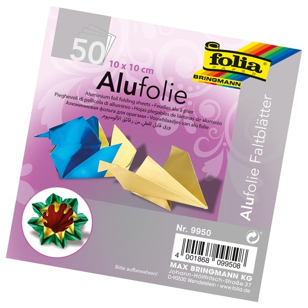 folia 9950 - Faltblätter aus Alufolie 10 x 10 cm, 100 g/qm, 50 Blatt, farbig sortiert - ideal zum Papierfalten und für andere kreative Bastelarbeiten