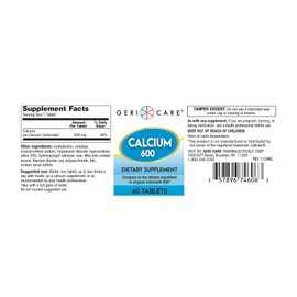 Gericare Calcium 600mg Supports Bone Health, Nutritional Supplement, 60 Count (Pack of 1)