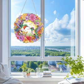 KEYIFA Diamond Painting Kit, DIY Birds Diamond Art for Adults, Flowers Diamond Painting Hanging Sign Crystal Window Art Ornaments Home Garden Wall Door Hanging Decoration, 20cm Width