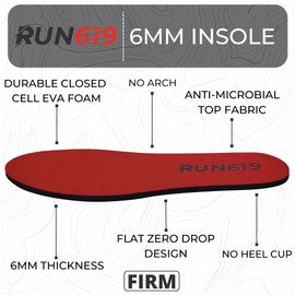 RUN619 Zero Drop Shoe Insoles - Thick Flat Medium Firm Shoe Inserts w/ No Arch Support - Foot Forming - Perfect for Running Walking Work or Hiking - 6mm Insoles (Size D - Men's 9-10 / Women's 10-11)
