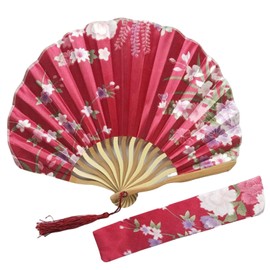 JOMA-E Shop Women's Folding Fan & Fan Bag, Rayon Dance Fan, Shell Type, Tassel Included, Beautiful, Flower Pattern, Cherry Blossom Pattern, Stylish, Japanese Style, Elegant, Gorgeous, Yukata, Summer,