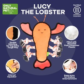 Only Natural Pet Sea Creatures Recycled Plush Dog Toys - Durable Double-Stitched Design with Internal Squeaker, 6 Rope Tug Arms & Plush Tail and Pincers - Squeaky Pet Toy | Lucy the Lobster, 11" x 12"