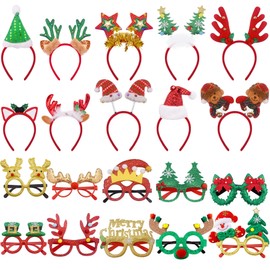 SIQUK 20 Pcs Christmas Party Favours Including 10 Pcs Christmas Headbands 10 Pcs Christmas Glasses Frames Snowman Christmas Tree Reindeer Headband and Glasses Party Favours Decorations for Christmas