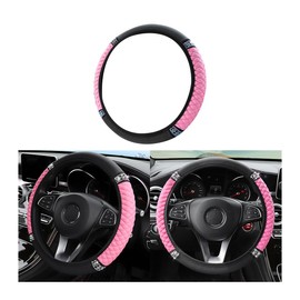 LKAHG Bling Car Steering Wheel Cover, Elastic Stretch Leather Vehicle Steering Wheel Protector, Sparkly Crystal Rhinestones Auto Interior Decor Accessories, Universal for Truck Van SUV (Pink)
