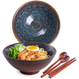 HOKELER Ceramic Japanese Ramen Bowl Set, 2 Sets Asian Pho Udon Soup Noodle Bowls with Spoons and Chopsticks (Peacock Green, 8 inches)