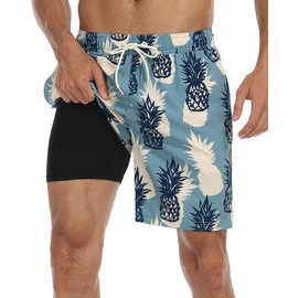 Nonwe Traje de baño para hombre con forro de compresión, traje de baño hawaiano de secado rápido, pantalones cortos 2 en 1 con bolsillos, Azul y albaricoque, 30