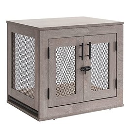 unipaws Furniture Style Dog Crate with Cushion and Tray, Mesh Dog Kennels with Double Doors, End Table Dog House, Medium and Large Crate Indoor Use (Small, Grey)