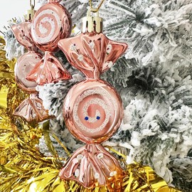 6 PCS Christmas Tree Candy Ornaments, 10CM Small Christmas Candy Hanging Decorations, Christmas Tree Decorations Shatterproof Plastic Sweet Shaped Baubles, Candy Pendant Decor, Rose Gold