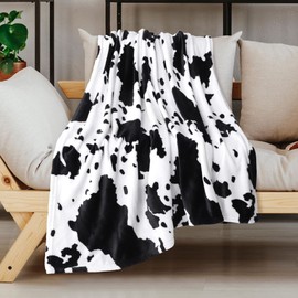 PiccoCasa Cow Printed Blanket, Soft 300GSM Fleece Flannel Throw Blanket Lightweight Cute Comfy Warm Cow Texture Cowhide Blankets for Couch Sofa Bed Office Black 100 x 130cm