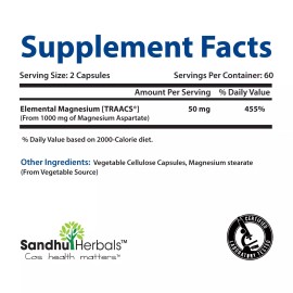 Sandhu Herbals Magnesium Aspartate 120 Vegetarian Capsules-Promotes Optimal Health
