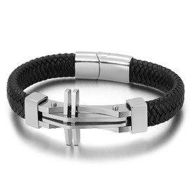 Pulsera Cruz Minimalista Acero Inoxidable Piel Cuero (Plateada)