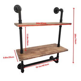 LoftPaipes Industrial Pipe Bathroom Shelf,Rustic Wood Wall Mount Shelf with Towel Bar,24" Black Matte Towel Racks,2 Tiered Metal Floating Shelves Shelving Iron Towel Holder
