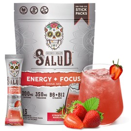 Salud 2-in-1 Energy Drink Powder + Focus, Strawberry Margarita, Organic Caffeine, B6 + B12, Theanine, Clean Energy Drink Packets, Agua Fresca Mix, Non-GMO, Gluten Free, Vegan, 1g of Sugar, (15 Servings)