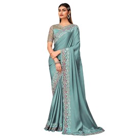 TRENDMALLS Women's Silk Embroidered Heavy Border Saree With Net Unstitched Designer Blouse saree for women