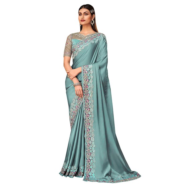 TRENDMALLS Women's Silk Embroidered Heavy Border Saree With Net Unstitched