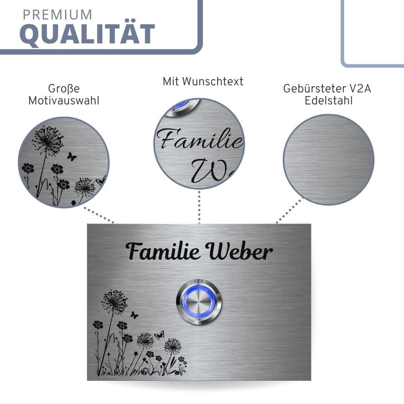 Doorbell Made of Robust Stainless Steel with Desired Engraving and