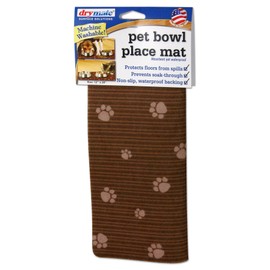 Drymate Pet Bowl Placemat, Dog & Cat Food Feeding Mat - Absorbent Fabric, Waterproof Backing, Slip-Resistant - Machine Washable/Durable (USA Made) (12” x 20”) (Brown Stripe Tan Paw)
