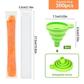 Popsicle Bags, Pack of 200 Ice Pop Bags with Green Funnel, Water Ice Bags Reusable, Popsicle Moulds Bags, Popsicle Moulds Bag 5.5 x 27.5 cm, for Yoghurt Juice Smoothies