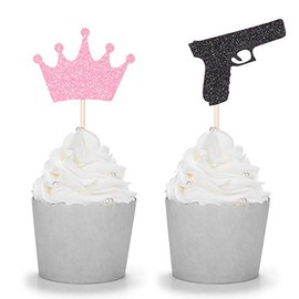 24 piezas de adornos para magdalenas con purpurina o coronas, revelación de género para decoración de fiesta