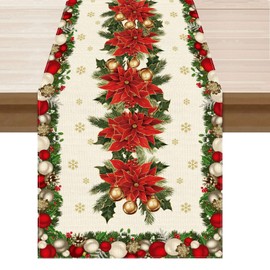 XCHI Christmas Poinsettias Leaves Bells Snowflakes Winter Xmas Table Runner Table Decoration for Home Kitchen Dining Holiday Decor 13x90 Inch