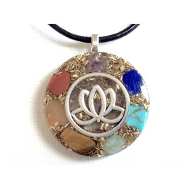 Orgonite pendant necklace Silver Lotus Flower and Seven Chakra natural stones. Made in USA
