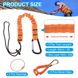 MECCANIXITY Retractable Tool Lanyard 2ft with Aluminum Buckle and Adjustable Loop End, Included Glove Clamps and Keychains, Fall Protection Tools Leash for Hand Tools, Orange 3 Pack
