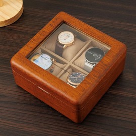 LIBOLXSP Watch Box, Watch Case for Men Women with Large Glass Lid, Wooden Watch Display Storage Box with 4 Slots, Solid Wood Walnut Mens Watch Box Organizer Velvet Lining for Father‘s Day Gift