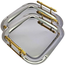 Maro Megastore (Pack of 2) 15 inch x 15 inch Square Chrome Plated Serving Tray with Gold Plated Handles Stylish Design Floral Engraved Edge Decorative Party Dessert Buffet Platter Plate NC-081