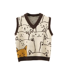 Dawwoti Women’s Knitted Sweater Vest Sleeveless Pullovers Jumpers Cat Pattern Sweatshirts for Winter Autumn Spring Coffee