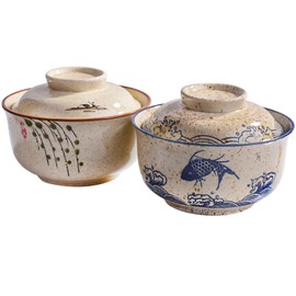 Swlthwen 2 Piece Ceramic Noodles Bowl with Cover, 25.4 oz Large Ramen bowls with Lid, Japanese Hand-painted Ceramic tableware Suitable for Noodles, Congee, Rice Soup
