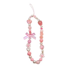 IUASZZ Phone Charm, Sweet Strawberry Bowknot Heart Acrylic Beaded Chain Lanyard Wrist Strap for Women Girls, 7.8 inch