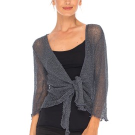 SHU-SHI - Ladies Tie Down Bolero Cardigan - Transparent - Lightweight Knit Material, steel grey